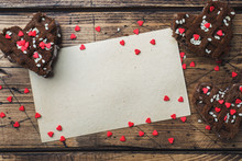 Concept Valentine's Day. Chocolate Chip Cookies On A Wooden Table. Greeting Card. Copy Space