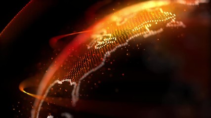 Digital Orange shinny globe of Earth. Rotation of glossy planet with glowing particles. 3D animation of space with digital exploding Earth, Abstract world map background for news intro. Full HD