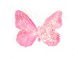 Golden glitter on pink watercolor butterfly in vintage nostalgic colors on white background