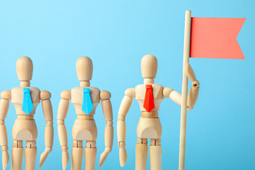 Wall Mural - Businessman how to lead his team to the goal. Workers and Leader in red tie holding flag as symbol of success
