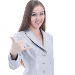 Wall Mural - smiling business woman showing thumb up. isolated on a white