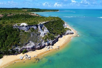 Aerial view of a paradise beach with crystal water. Fantastic landscape. Great beach view. Trancoso, Bahia, Brazil