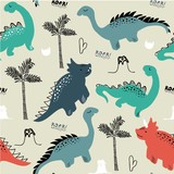 Fototapeta Dinusie - childish dinosaur seamless pattern for fashion clothes, fabric, t shirts. hand drawn vector with lettering.