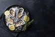 Fresh oysters in a plate with ice on black background