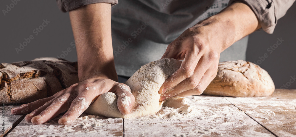Chef making fresh dough for baking - obrazy, fototapety, plakaty 