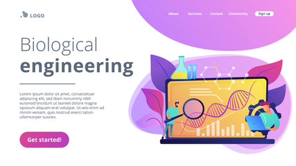 Poster - Scientists looking at DNA and charts with magnifier on laptop. Biotechnology, biological systems, bio-engineering concept on white background. Website vibrant violet landing web page template.