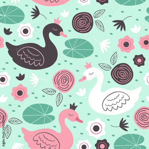 Cotton fabric seamless pattern with beautiful princess swan - vector illustration, eps
