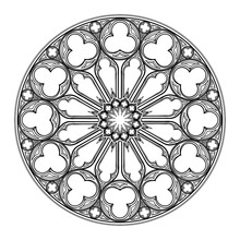 Gothic Rose Window. Popular Architectural Motiff In Medieval European Art. Element For Designing Coats Of Arms, Medieval Style Illustrations. Black And White. EPS 10 Vector Illustration