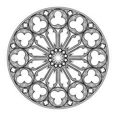 Gothic rose window. Popular architectural motiff in Medieval european art. Element for designing Coats of arms, medieval style illustrations. Black and white. EPS 10 vector illustration