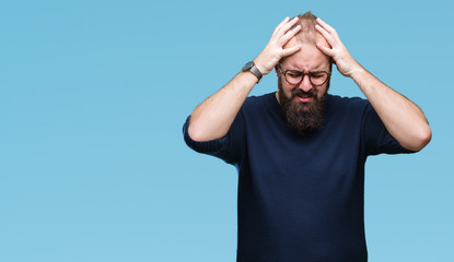 Sticker - Young caucasian hipster man wearing sunglasses over isolated background suffering from headache desperate and stressed because pain and migraine. Hands on head.