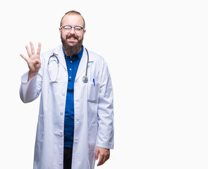 Sticker - Young caucasian doctor man wearing medical white coat over isolated background showing and pointing up with fingers number four while smiling confident and happy.