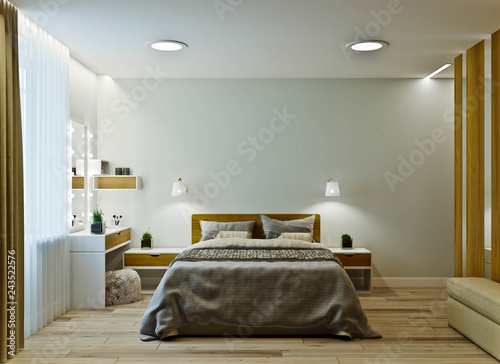 Modern Bedroom Interior In Warm Colors With Wood Paneling