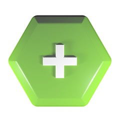 Poster - Green hexagonal push button with the sign + for the sum operation - 3D rendering illustration