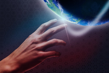Poster - Touching planet with finger. Mixed media.