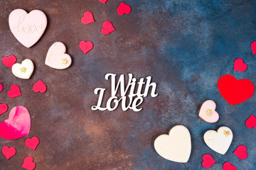 Canvas Print - Stone background with red hearts, gifts and letters. The concept of Valentine Day.