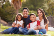 © Monkey Business - Happy young Hispanic family sitting the on grass in the park smiling to camera, close up