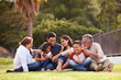 © Monkey Business - Happy three generation Hispanic family sitting on the grass together in the park, selective focus