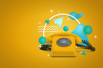 Wall Mural - 3d rendering of a yellow rotary phone on a yellow background with white and blue geometric figures.