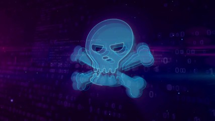 Cyber crime abstract concept. 3D shape and contour of skull icon on digital background. Computer attack and digital pirate symbol animation.