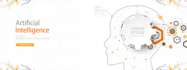 Aufkleber - Artificial intelligence (AI) and big data concept. Machine cyber mind.  Humen face with binary data flow. Technology vector background.
