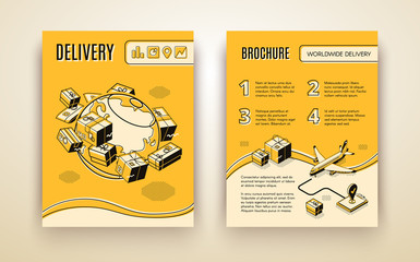 Vector brochure template for worldwide shipping, air delivery. 3d isometric planet with parcels, mail and plane. Booklet in thin line style, transport logistics. Yellow background with boxes, aircraft