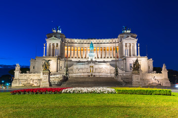 Architecture of the Vittorio Emanuele II Monument in Rome at night, Italy