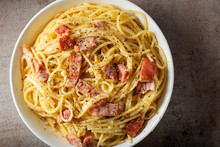 Spaghetti Carbonara With Pancetta, Eggs And Cheese In White Bowl