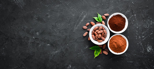 Cocoa beans, cocoa powder is dark and light. On a black background. Top view.