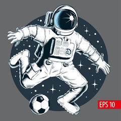 Wall Mural - Astronaut playing soccer or football in space. Stars on background. Vector illustration.