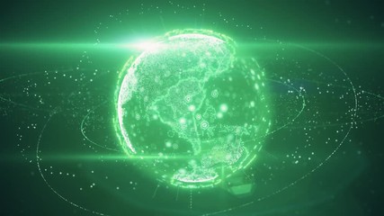Poster - seamless loop 3d animation of digital planet earth data abstract of a technological data network tra