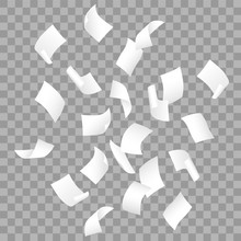 Simple vector of falling white blank papers on transparent background.