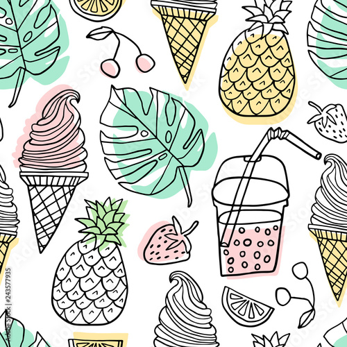 Photo Summer vector seamless pattern. Line cute doodle