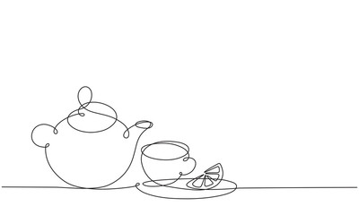 Wall Mural - Teapot and cup. Tea with lemon. Continuous line drawing.