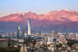Fototapeta  - Aaerial view of Santiago skyline at sunset with Andes Mountains - Santiago, Chile