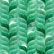 Watercolor Green Background With Curved Wavy Leaves. Abstract Seamless Pattern