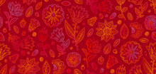 Red And Orange Doodle Flowers In Line Art Style Vector Seamless Vintage Pattern Tile