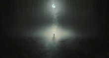 Surreal Horror Scene With Alone Strange Man In Dark Night Forest