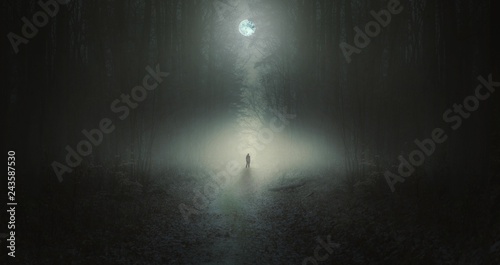 Fotografía Surreal horror scene with alone strange man in dark night forest