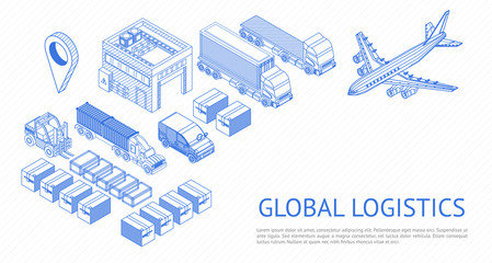 Creative isometric collection of blueprint trucks and containers for global logistics concept on white background