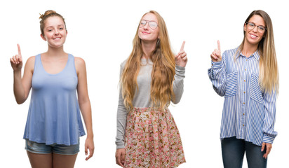 Wall Mural - Collage of group of blonde women over isolated background showing and pointing up with finger number one while smiling confident and happy.