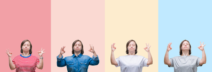 Sticker - Collage of down syndrome woman over colorful stripes isolated background relax and smiling with eyes closed doing meditation gesture with fingers. Yoga concept.