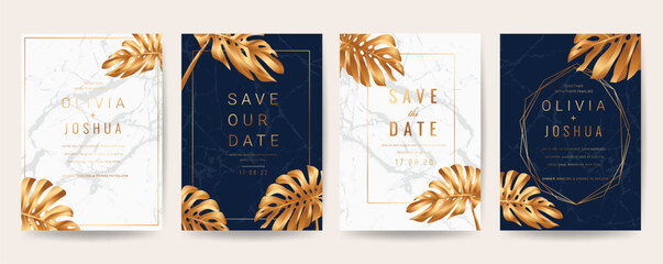 Wedding invitation cards with marble texture background,Gold geometric Shape line and Tropical Leaves design vector collection.