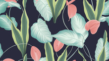 Tropical seamless pattern,  red Anthurium flowers, dumbcane, snake plant on dark blue background, pastel vintage style
