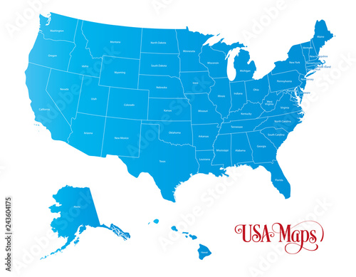 Map Of The United States Of America Usa With States Name In Blue