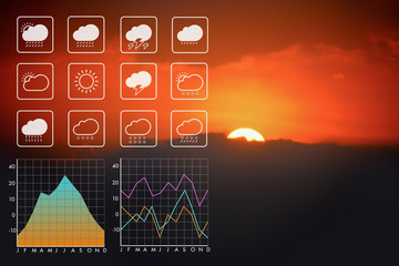 Wall Mural - weather forecast symbol data presentation with graph and chart on sunrise morning background.