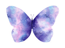 Watercolor Galaxy Butterfly Isolated On The White Background.