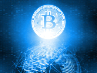 Poster - glowing blue led bitcoin (btc) on 3d rendering blue dotted world and abstract wired global network b