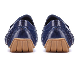 Rear view on blue men leather loafer shoes on white