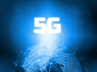 Poster - glowing 5g text on 3d rendering blue dotted world and abstract wired global network background. for 