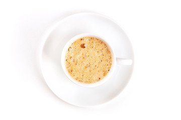 Poster - A photo of a cup of coffee with foam, shot from the top on a white background with copy space